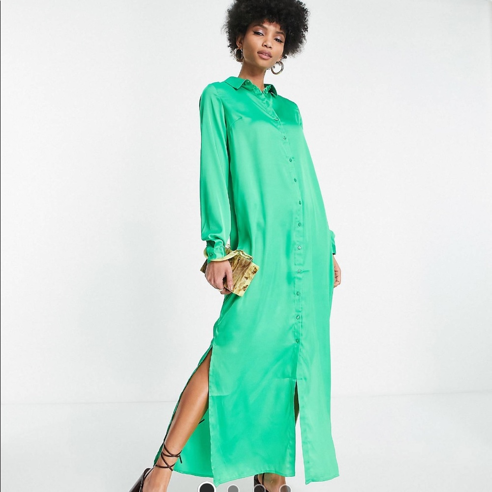 Pieces ASOS Bright Green Exclusive Satin Side Slit Midi Dress Size Tall Small